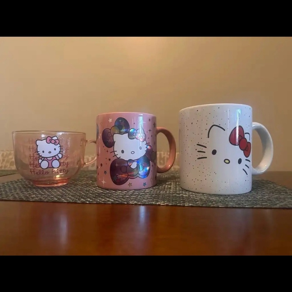 Hello Kitty Mug Trio - Pink, White, and Clear Pink